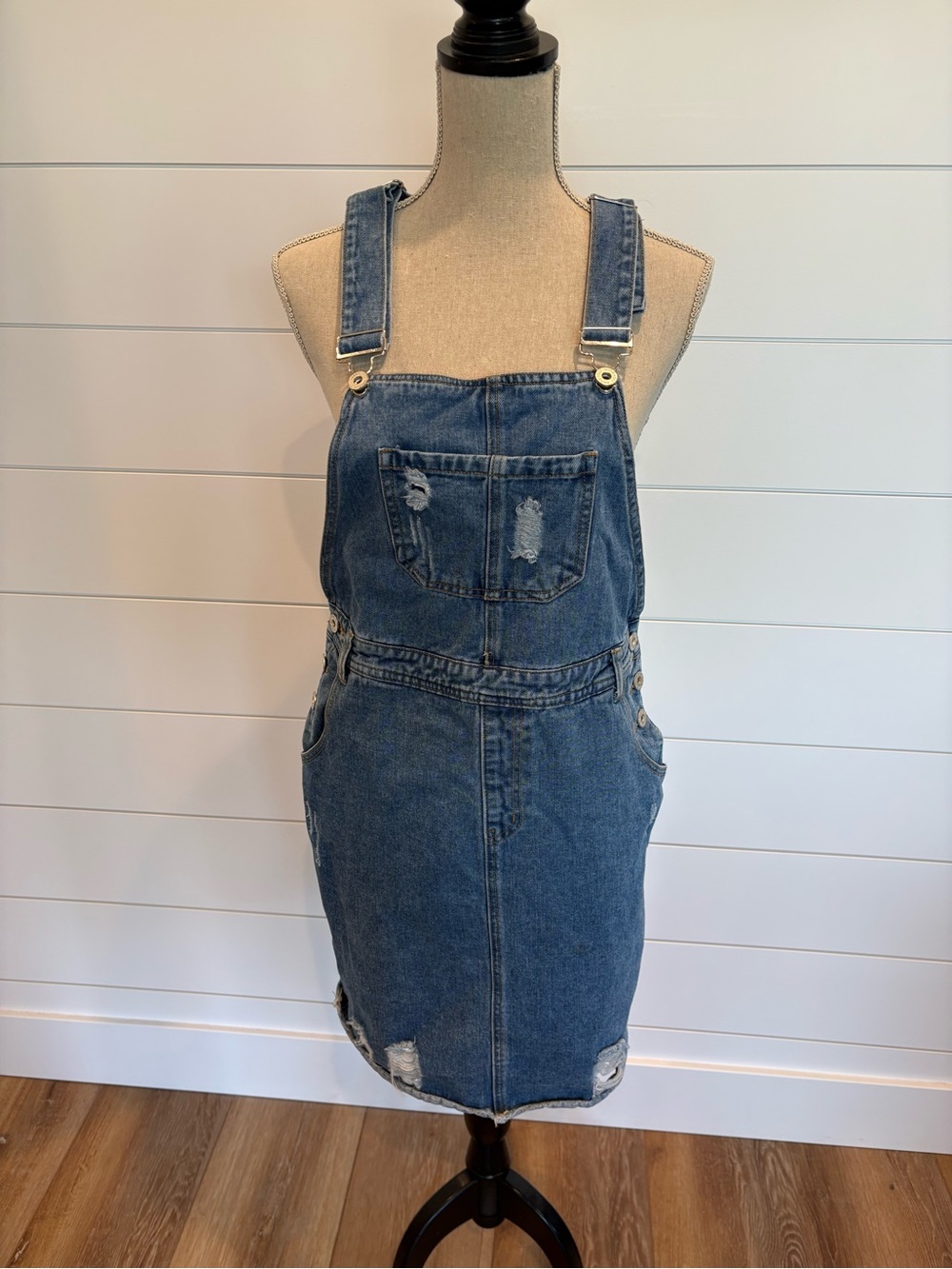 Anna-Kaci Women’s Distressed Blue Denim Overall Dress Size Small